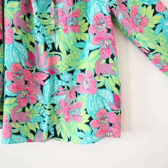 Lilly Pulitzer Size S 100% Silk Elsa Skip On It Top Blouse Frogs Floral - Picture 9 of 13